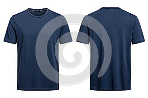 Front and back view of a plain navy blue t shirt