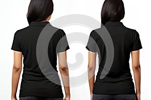 Front and back view of woman wearing blank black polo t-shirt template isolated on white background, Female models wearing