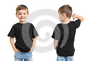 Front and back views of little boy in black t-shirt