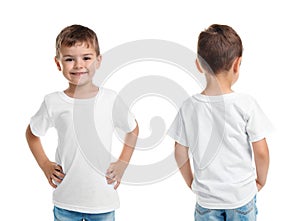 Front and back views of little boy in blank t-shirt