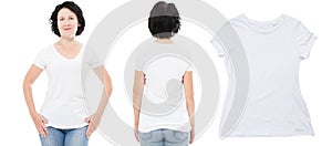 Front and back views of middle-aged female in stylish t-shirt on white background. Mock up for design, Copy space, Template, Blank