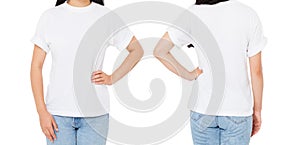 Front back views woman in t shirt isolated on white background,Mock up for design. Copy space. Template. Blank