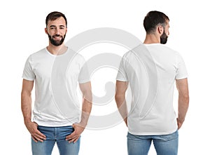 Front and back views of young man in blank t-shirt
