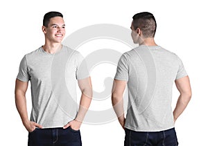 Front and back views of young man in grey t-shirt