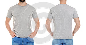 Front and back views of young man in grey t-shirt