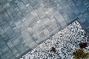 Front or back yard landscape design of stone tile pavement. Exterior from above