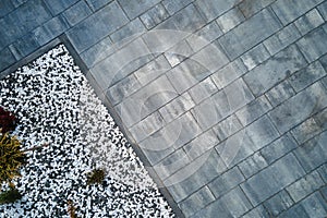 Front or back yard landscape design of stone tile pavement. Exterior from above