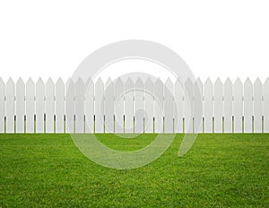 Front or back yard, white wooden fence on the grass isolated on