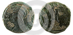 Front and backside of a historic Roman copper coin of Constantinopolis photo