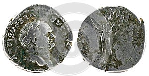 Front and backside of a historic Roman silver coin of Emperor Vespasian