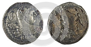 Front and backside of a historic Roman silver coin of the family Cornelia