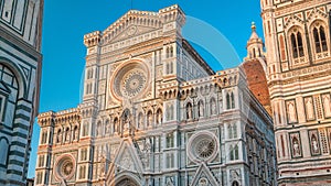 The front of The Basilica di Santa Maria del Fiore timelapse which is the cathedral church Duomo of Florence in Italy