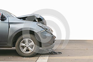 Front of black car get damaged by accident on road. Isolated on white background