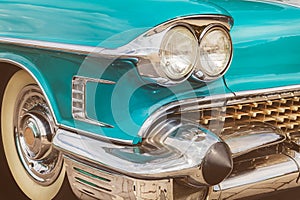 Front of a blue classic American car