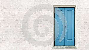 Front blue wooden door with white block wall background, elements of architecture