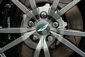 The front brakes of a luxury sports car Aston Martin V8 Vantage N430 (since 2015).