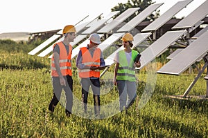 In front of the camera walking group of engineers and investors through the solar panels park they analysing the plan of