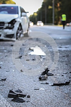 Front of a car get damaged by crash accident on the road