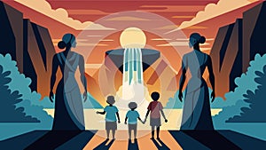 In front of a cascading waterfall a sculpture of a Black family walking towards the sun is unveiled embodying the hope