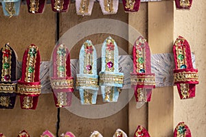 Front close-up traditional colorful wooden slipper figures shot at Izmir in Turkey