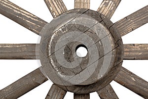 Front closeup view of weathered vintage wooden wagon wheel