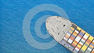 Front of container ship top view with copy space