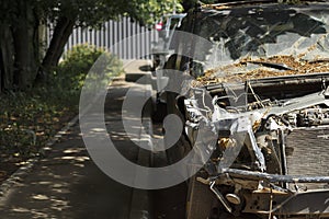 Front of crashed car big damaged. Abandoned wrecked car. Automobile Accident