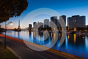 Front de Seine and Eiffel tower at blue hour, Pari