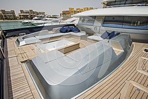 Front deck of a large luxury yacht with jacuzzi