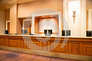 Front desk in reception area of unknown hotel lobby