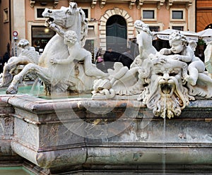 front detail of the fountain of the three rivers in piazza navona, rome