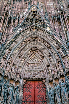 Front details of the exterior of famous Notre Dame Cathedral de Strasbourg, France