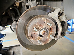 Front disk brake system of the car after remove the tire for repair and maintenance at car service center.