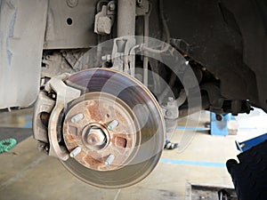 Front disk brake system of the car after remove the tire for repair and maintenance at car service center.
