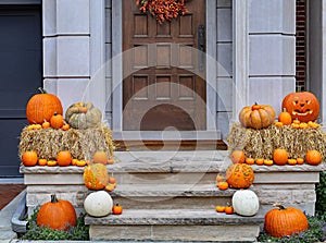 Front door with autumn and Halloween decorations