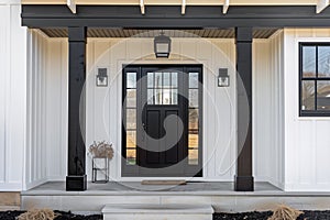 The front door on a black and white modern farmhouse.