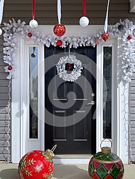 Front door decorated for Christmas