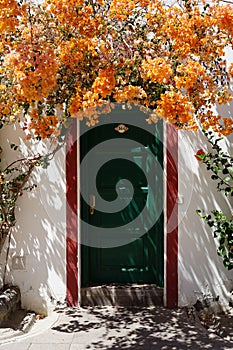 Front door decorated with orange flowers