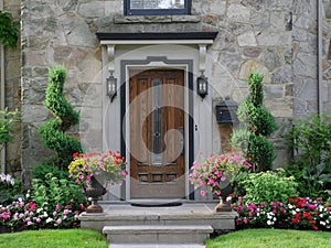 Front door with flowers