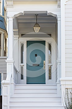 Front door, front view of front blue door