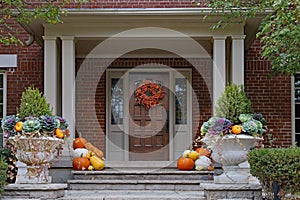 Front door with Halloween decorations