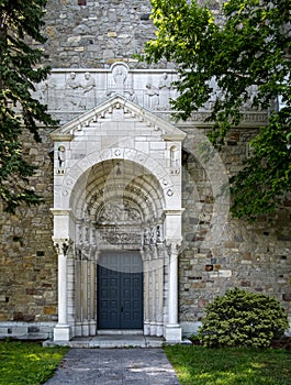 Front door of a historic stone building