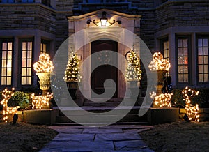 Front door with holiday lights