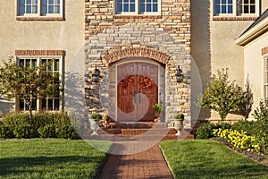 Front door, horizontal view of front door with beautiful landscaping