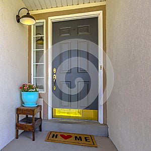 Front door of a house with lamp flower and doormat