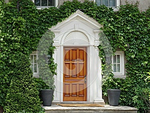 front door of ivy covered house