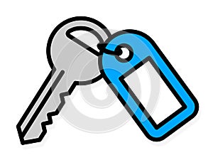 Front door key with a blue plastic tag