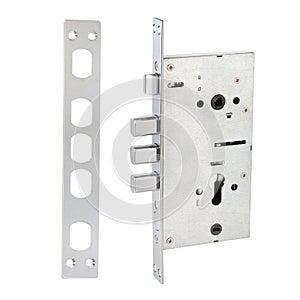 Front door lock in metallic color with three rounded regiments, latch and strike plate photo