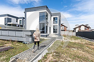 Front door of newly built house closeup