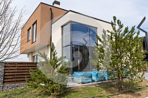 Front door of newly built house closeup